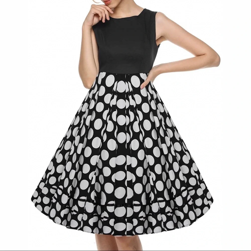 VINTAGE Style Blk & White Polka Dot Tea Dress - Picture 1 of 7